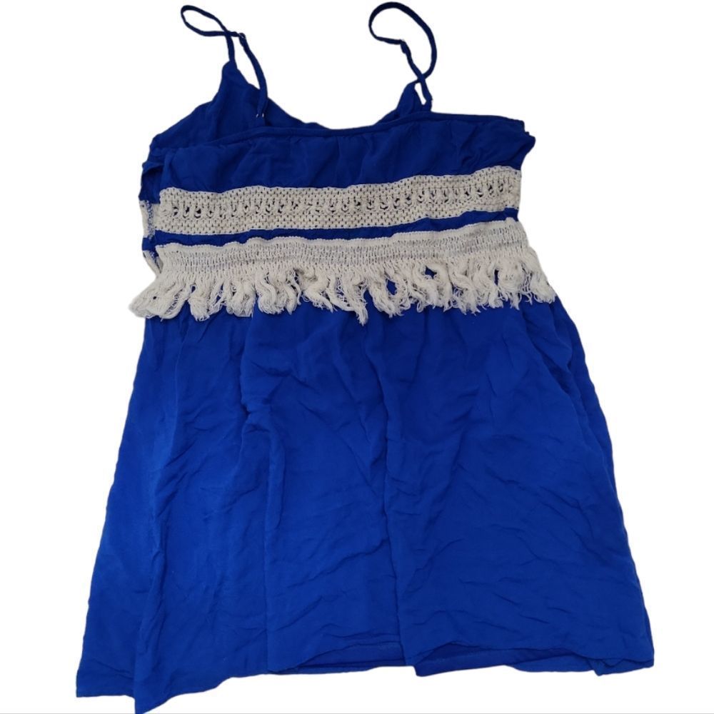 ENTRO Blue Crochet Fringe Empire Waist Mini Babydoll Dress Size L